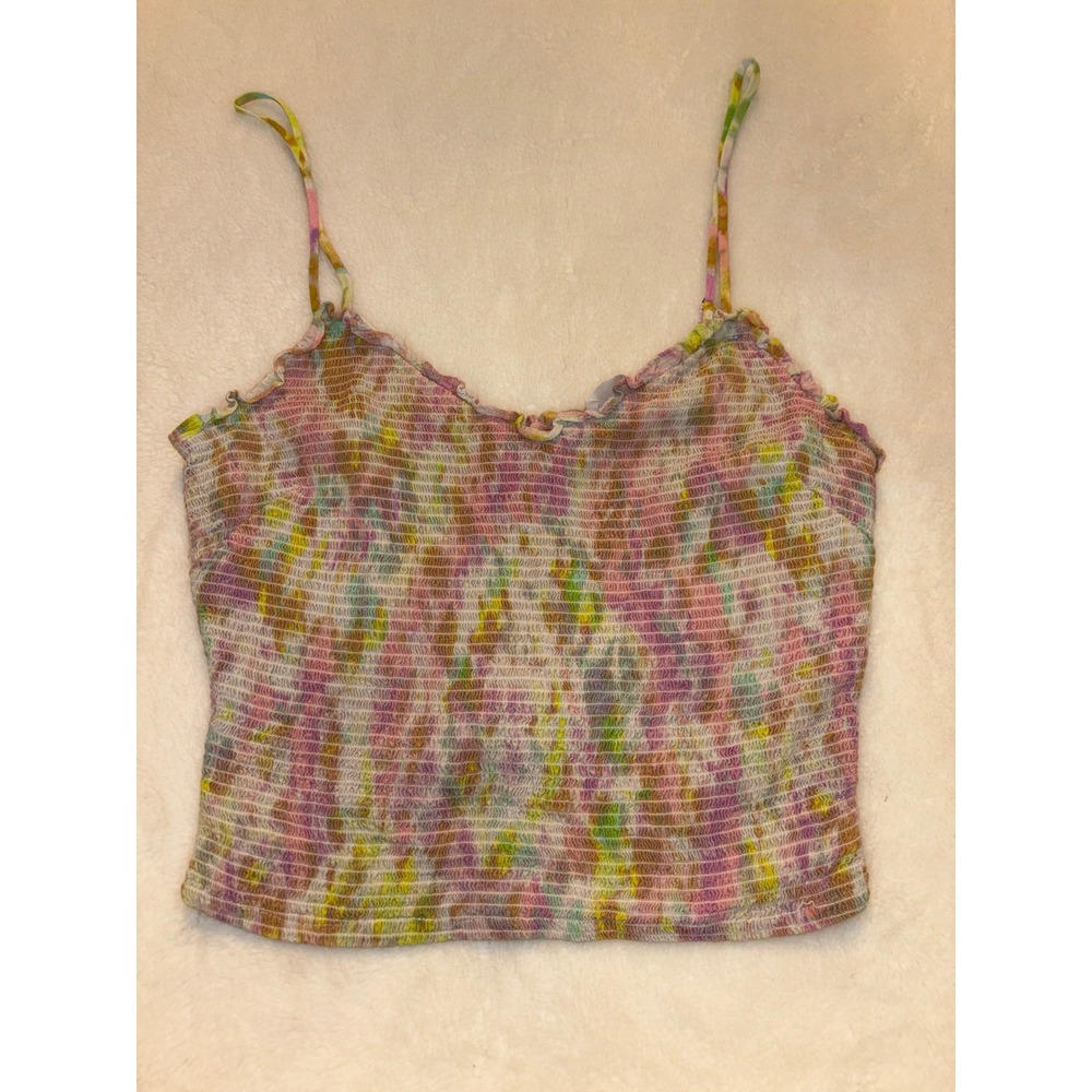 ASTR The Label Smocked Camisole Top Multicolor Lace Up Back Size L
